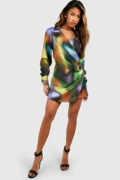 Shirt Dresses|Wrap Dresses*boohoo Abstract Satin Wrap Shirt Dress multi