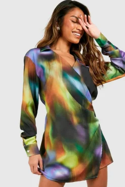 Shirt Dresses|Wrap Dresses*boohoo Abstract Satin Wrap Shirt Dress multi