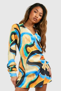 Shirt Dresses|Wrap Dresses*boohoo Abstract Satin Wrap Shirt Dress multi
