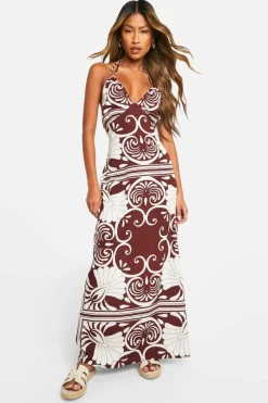 Cami Dresses*boohoo Abstract Split Double Strap Maxi Dress dark brown