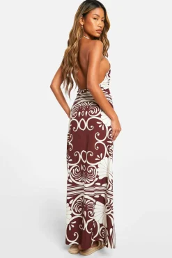 Cami Dresses*boohoo Abstract Split Double Strap Maxi Dress dark brown