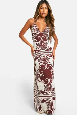 Cami Dresses*boohoo Abstract Split Double Strap Maxi Dress dark brown