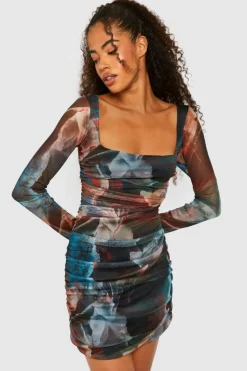 Bodycon Dresses|Mini Dresses*boohoo Abstract Square Neck Ruched Mesh Bodycon Dress multi