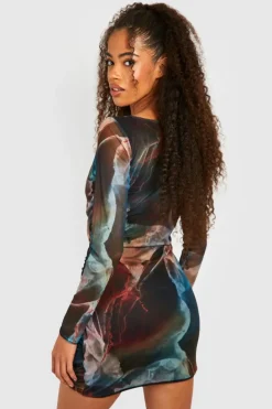 Bodycon Dresses|Mini Dresses*boohoo Abstract Square Neck Ruched Mesh Bodycon Dress multi