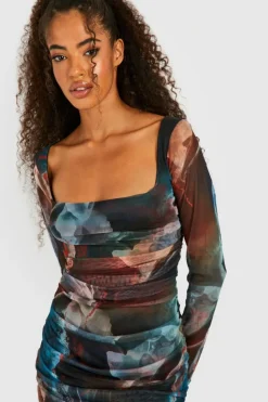 Bodycon Dresses|Mini Dresses*boohoo Abstract Square Neck Ruched Mesh Bodycon Dress multi