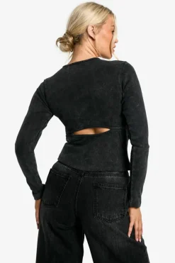 Long Sleeve Tops*boohoo Acid Wash Back Cut Out Long Sleeve Top charcoal