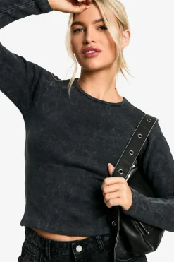 Long Sleeve Tops*boohoo Acid Wash Back Cut Out Long Sleeve Top charcoal