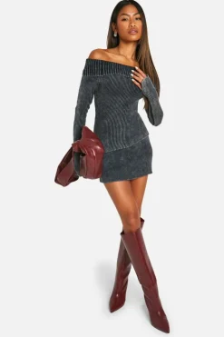 Jumpers|Knitwear*boohoo Acid Wash Bardot Asymmetric Hemline Rib Knit Jumper charcoal