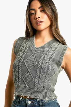 Jumpers|Jumpers & Cardigans*boohoo Acid Wash Cable Knit V Neck Tank charcoal