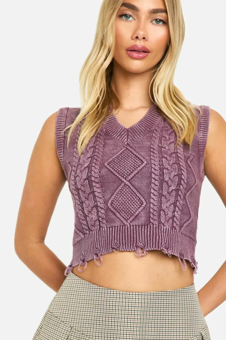 Jumpers|Jumpers & Cardigans*boohoo Acid Wash Cable Knit V Neck Tank mauve
