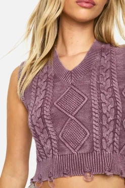 Jumpers|Jumpers & Cardigans*boohoo Acid Wash Cable Knit V Neck Tank mauve
