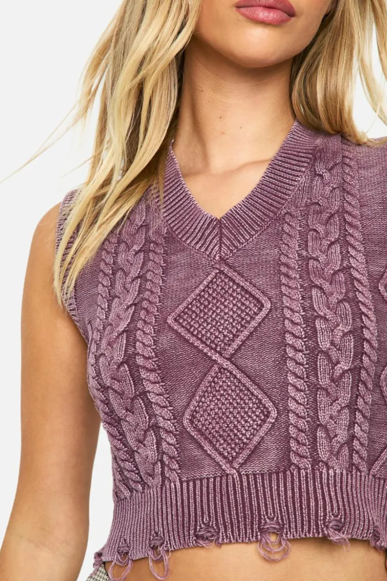 Jumpers|Jumpers & Cardigans*boohoo Acid Wash Cable Knit V Neck Tank mauve
