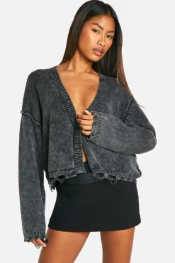 Cardigans*boohoo Acid Wash Distressed Hem Slouchy Crop Cardigan charcoal