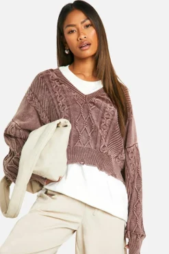 Jumpers*boohoo Acid Wash Distressed Hem Slouchy Cable Jumper mauve