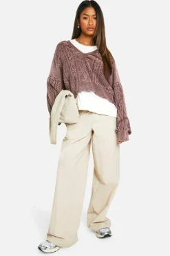 Jumpers*boohoo Acid Wash Distressed Hem Slouchy Cable Jumper mauve