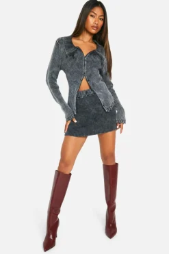 Cardigans|Knitwear*boohoo Acid Wash Double Zip Polo Collar Rib Cardigan charcoal