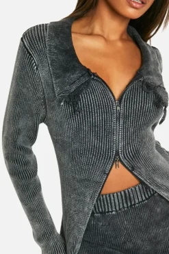 Cardigans|Knitwear*boohoo Acid Wash Double Zip Polo Collar Rib Cardigan charcoal
