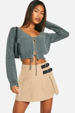 Cardigans*boohoo Acid Wash Lace Up Crop Cardigan charcoal