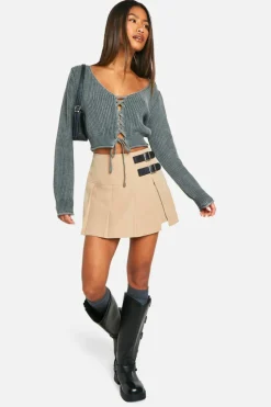 Cardigans*boohoo Acid Wash Lace Up Crop Cardigan charcoal