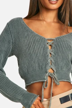 Cardigans*boohoo Acid Wash Lace Up Crop Cardigan charcoal