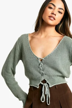 Cardigans|Jumpers & Cardigans*boohoo Acid Wash Lace Up Crop Cardigan khaki
