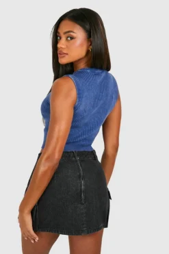 Knitted Tops*boohoo Acid Wash Nibble Neck Scoop Sleeveless Rib Knit Vest navy