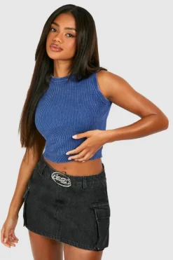 Knitted Tops*boohoo Acid Wash Nibble Neck Scoop Sleeveless Rib Knit Vest navy