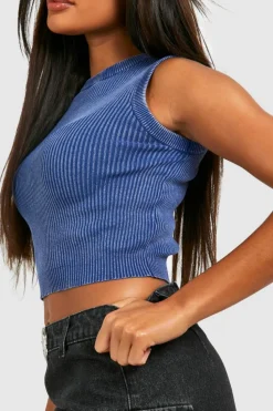 Knitted Tops*boohoo Acid Wash Nibble Neck Scoop Sleeveless Rib Knit Vest navy
