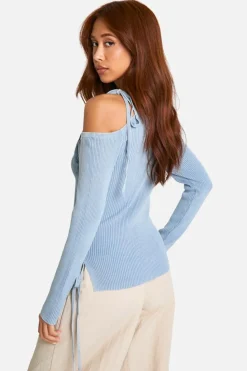 Knitted Tops*boohoo Acid Wash Rib Knit Asymmetric Lace Up One Shoulder Top baby blue