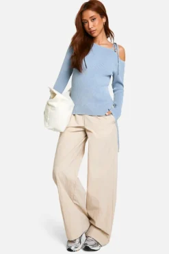 Knitted Tops*boohoo Acid Wash Rib Knit Asymmetric Lace Up One Shoulder Top baby blue