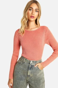 Knitted Tops*boohoo Acid Wash Rib Knit Bodysuit coral