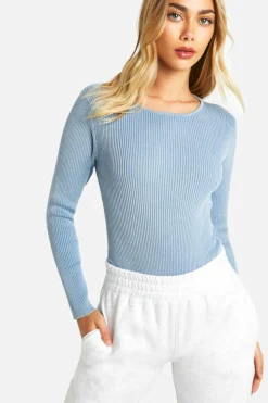 Knitted Tops*boohoo Acid Wash Rib Knit Bodysuit baby blue