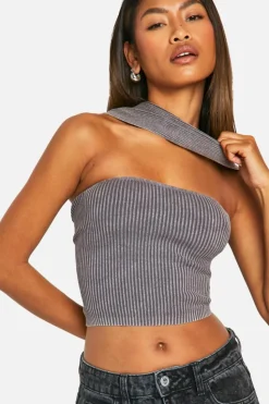 Knitted Tops*boohoo Acid Wash Rib Knit Choker Top taupe