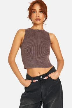 Knitted Tops*boohoo Acid Wash Rib Knit Crew Neck Top chocolate
