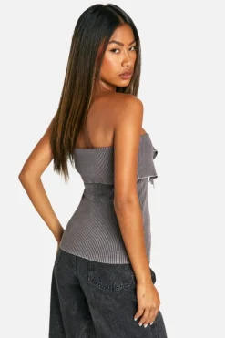Knitted Tops*boohoo Acid Wash Rib Knit Foldover Button Down Bandeau taupe