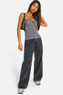 Knitted Tops*boohoo Acid Wash Rib Knit Foldover Button Down Bandeau taupe