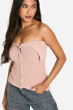 Knitted Tops*boohoo Acid Wash Rib Knit Foldover Button Down Bandeau baby pink