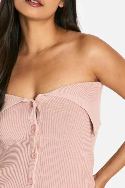 Knitted Tops*boohoo Acid Wash Rib Knit Foldover Button Down Bandeau baby pink