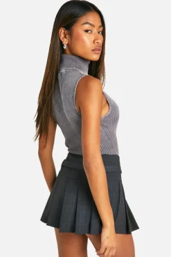 Knitted Tops*boohoo Acid Wash Rib Knit Roll Neck Sleeveless Bodysuit taupe