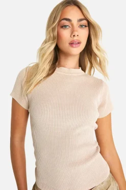 Knitted Tops*boohoo Acid Wash Rib Knit Short Sleeve Knitted Top off white