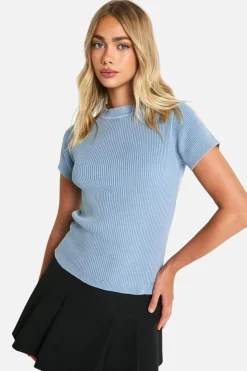 Knitted Tops*boohoo Acid Wash Rib Knit Short Sleeve Knitted Top baby blue