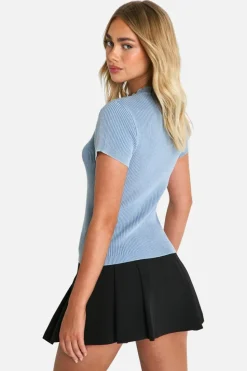 Knitted Tops*boohoo Acid Wash Rib Knit Short Sleeve Knitted Top baby blue
