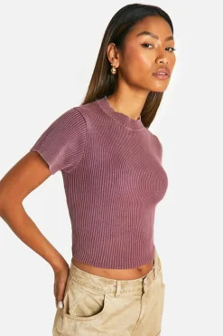 Knitted Tops*boohoo Acid Wash Rib Knit Short Sleeve Knitted Top mauve