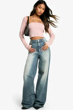 Knitted Tops*boohoo Acid Wash Rib Knit Square Neck 2 In 1 Top baby pink