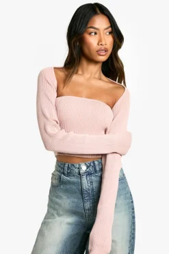 Knitted Tops*boohoo Acid Wash Rib Knit Square Neck 2 In 1 Top baby pink