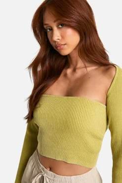 Knitted Tops*boohoo Acid Wash Rib Knit Square Neck 2 In 1 Top olive