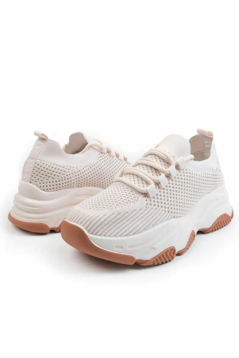 Trainers*Where's That From Advantage' Chunky Sole Mesh Knit Lace Up Trainers Beige