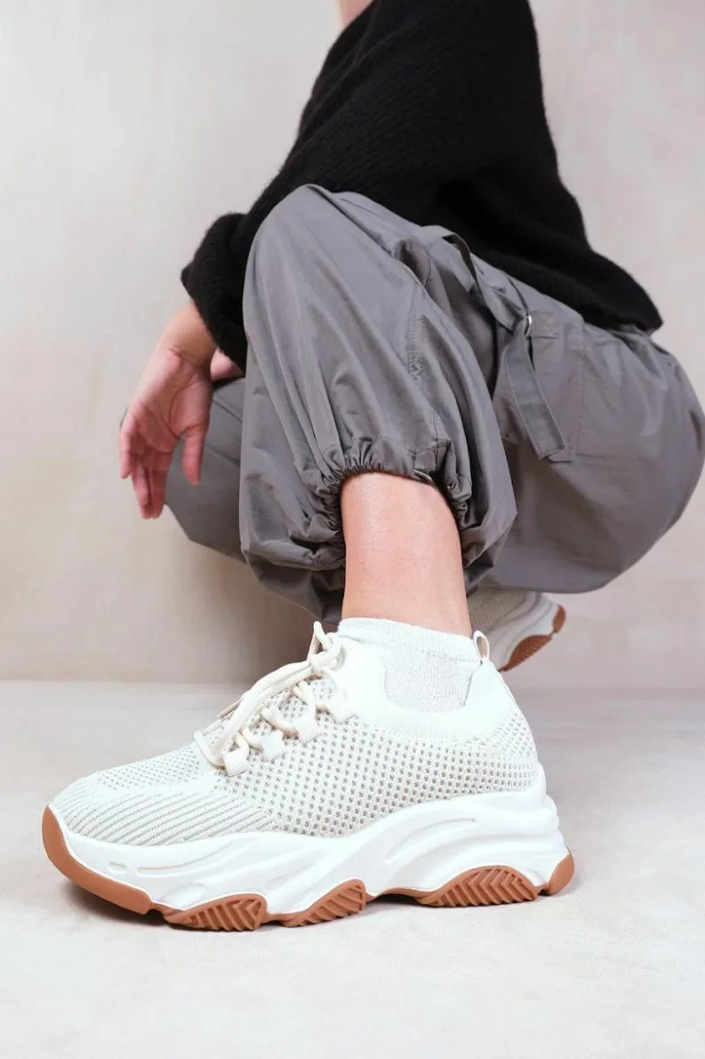 Trainers*Where's That From Advantage' Chunky Sole Mesh Knit Lace Up Trainers Beige