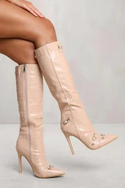 Heeled Boots*Where's That From Alessia' Below Knee High Heel Boot With Stud And Buckle Detail Nude