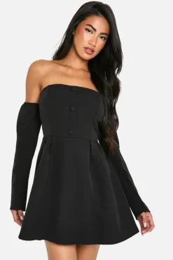 A Line Dresses|Skater Dresses*boohoo A-Line Bardot Long Sleeve Mini Dress black